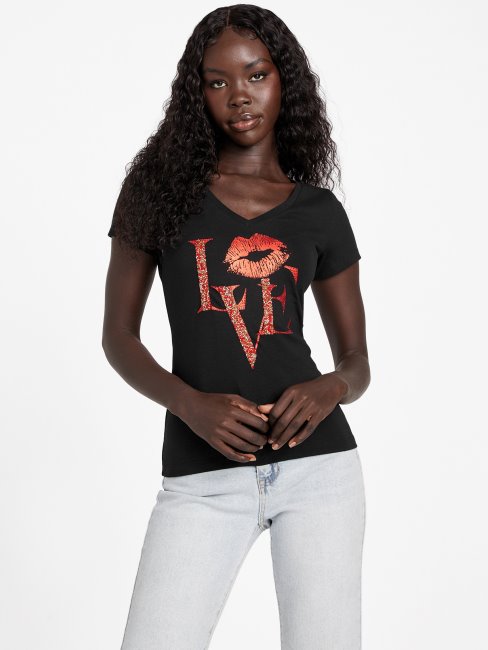 T-shirt Noir Jet à Col En V Guess Eco Cece Love