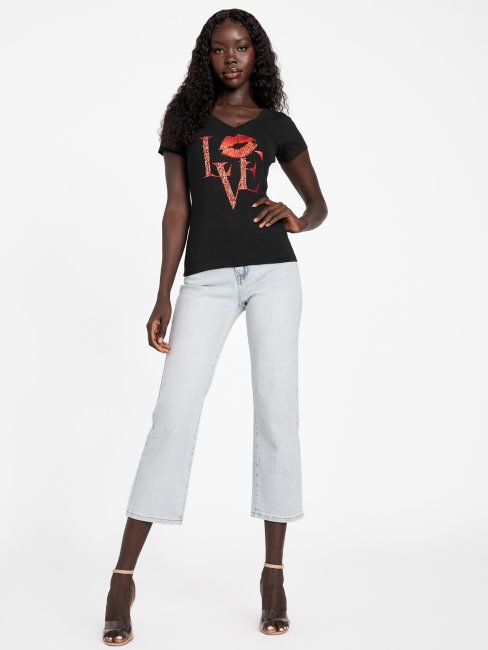 T-shirt Noir Jet à Col En V Guess Eco Cece Love