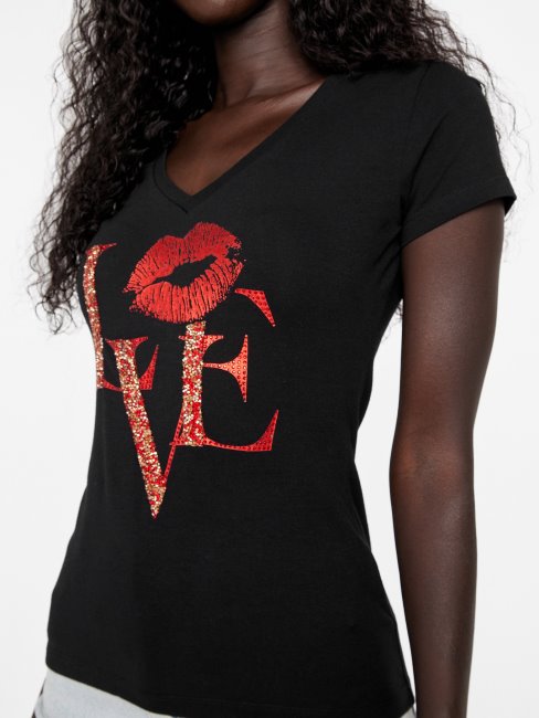 T-shirt Noir Jet à Col En V Guess Eco Cece Love