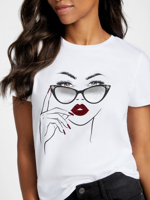Tee Shirt Guess Catia Model Graphique Blanc Pur