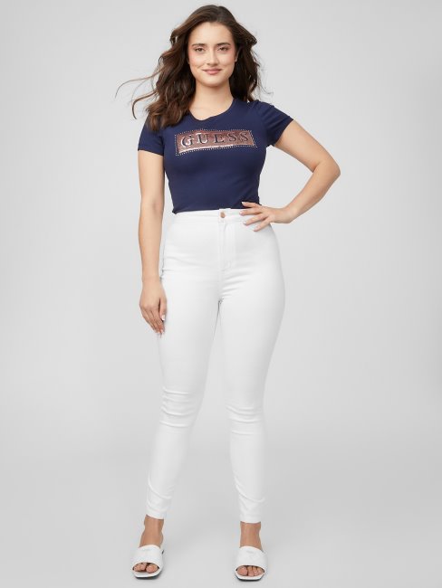 T-shirt Bleu Marine Nocturne à Sequins Et Strass En Acier Guess