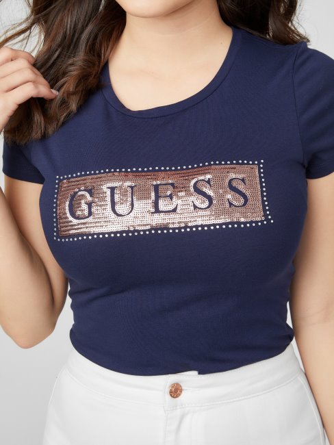 T-shirt Bleu Marine Nocturne à Sequins Et Strass En Acier Guess