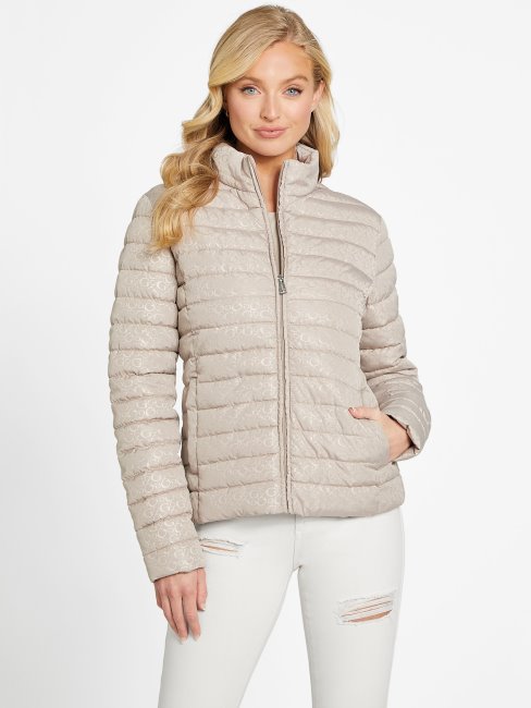 Guess Veste Matelassée Velours Taupe Eco Fleur Logo