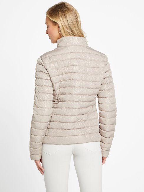 Guess Veste Matelassée Velours Taupe Eco Fleur Logo