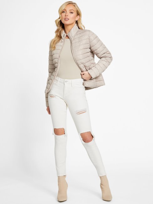 Guess Veste Matelassée Velours Taupe Eco Fleur Logo