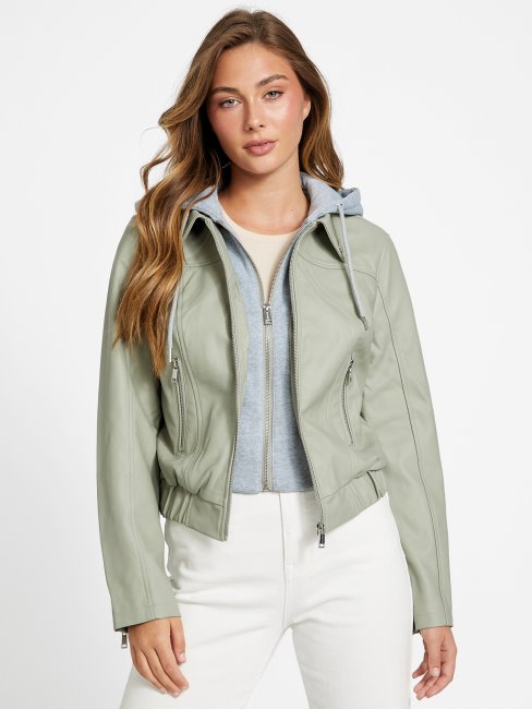 Guess Veste Verte à Capuche En Similicuir Balsam Esther