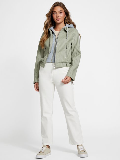 Guess Veste Verte à Capuche En Similicuir Balsam Esther