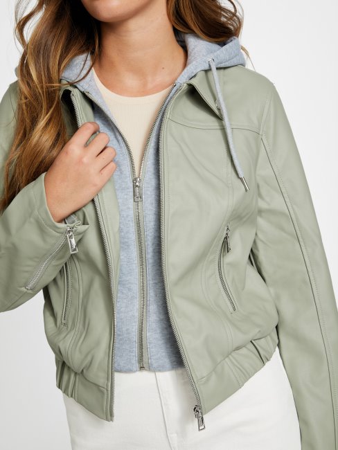 Guess Veste Verte à Capuche En Similicuir Balsam Esther