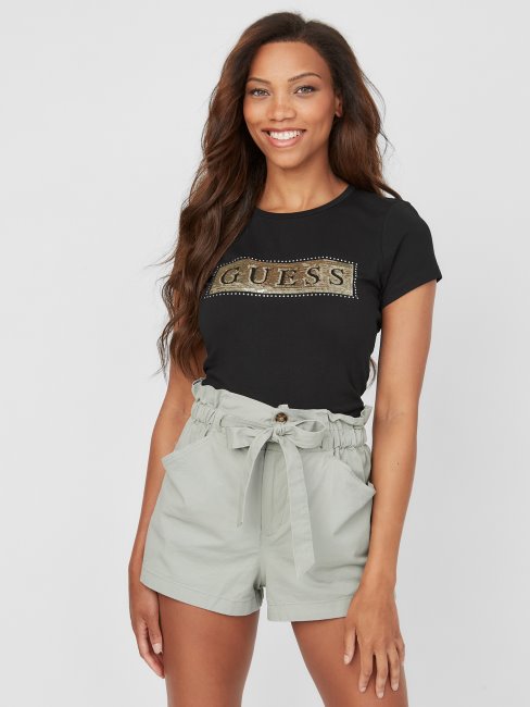 T-shirt Noir De Jais à Sequins Et Strass En Acier Guess