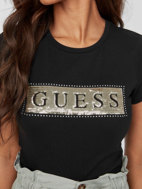 T-shirt Noir De Jais à Sequins Et Strass En Acier Guess