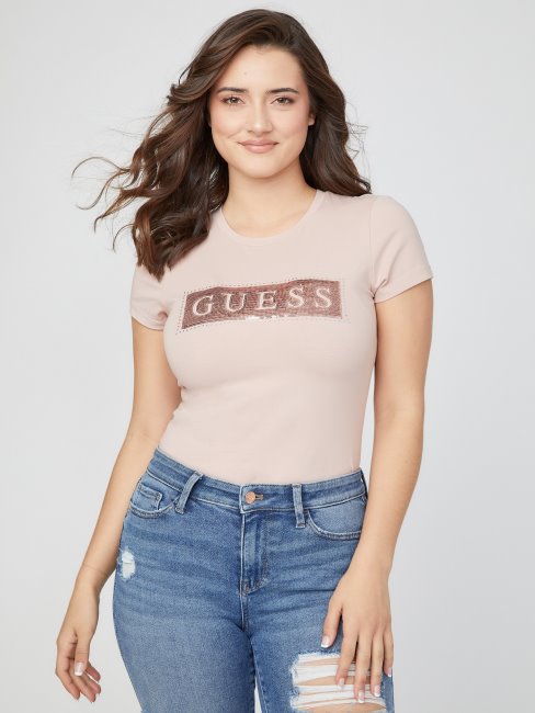 Tee Shirt Guess Acier Sequins Et Strass Rose Brillant