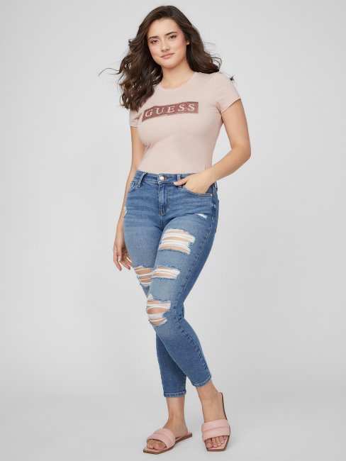 Tee Shirt Guess Acier Sequins Et Strass Rose Brillant