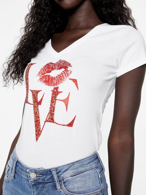 Tee Shirt Guess Eco Cece Love à Col En V Blanc Pur