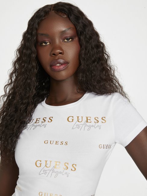 Tee Shirt Guess Eco Catae Rhinestone Logo Blanc Pur