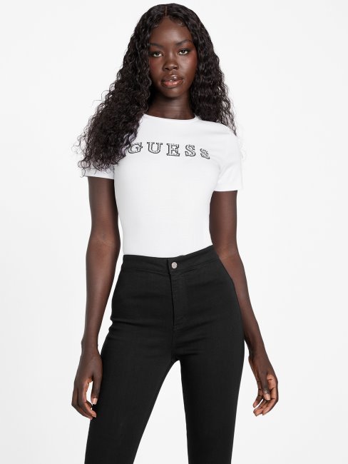 Tee Shirt Vrai Blanc Jill Logo Strass Guess