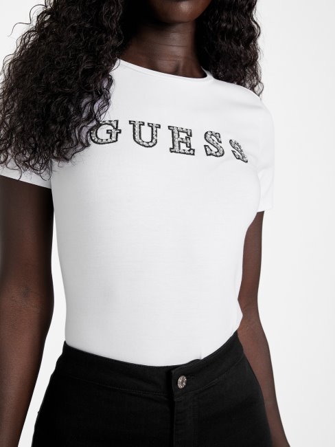 Tee Shirt Vrai Blanc Jill Logo Strass Guess