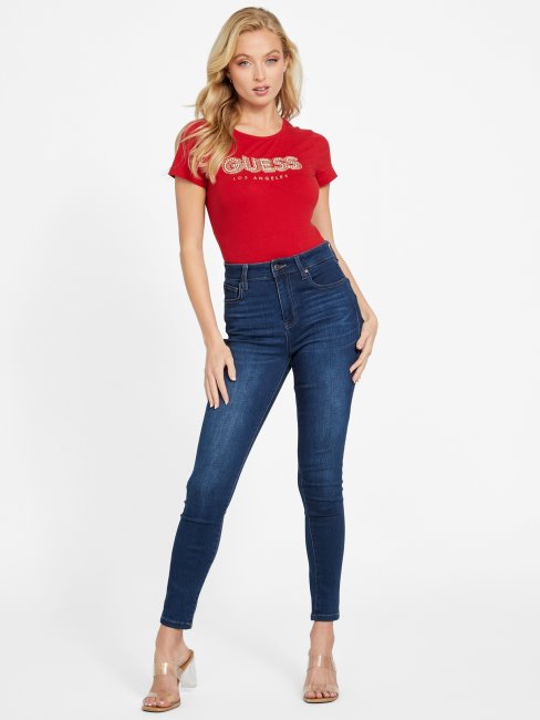 Tee Shirt Eco Fr Logo Fran Perles Guess Rugby Rouge