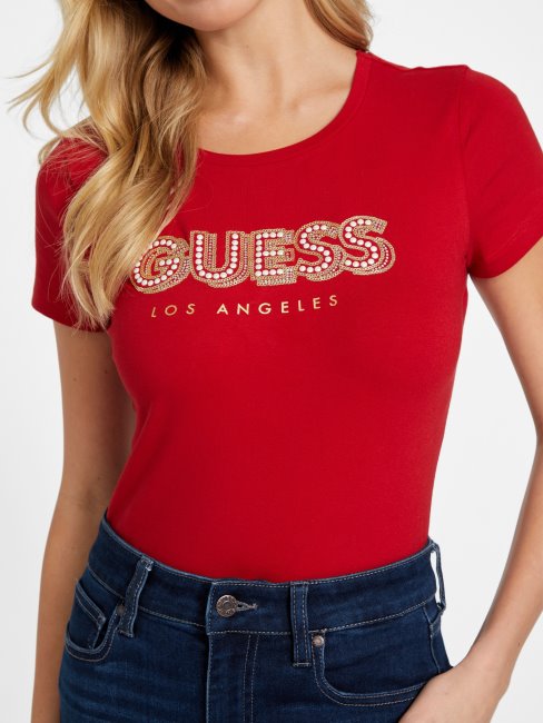 Tee Shirt Eco Fr Logo Fran Perles Guess Rugby Rouge