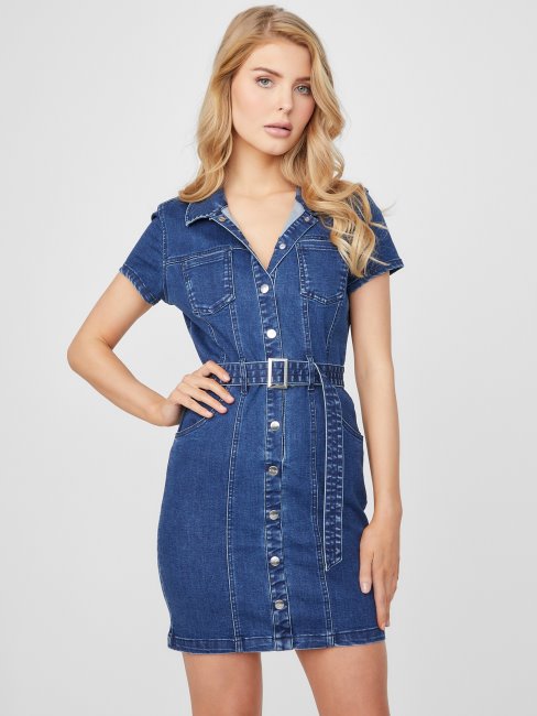 Valari Robe En Jean Ceinturée Délavage Moyen Guess
