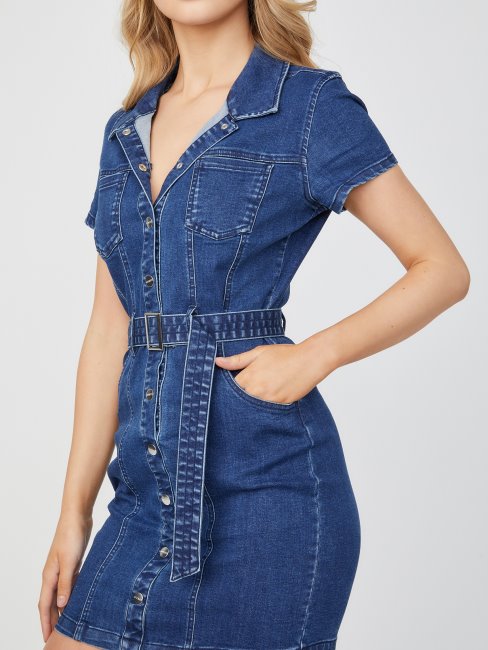 Valari Robe En Jean Ceinturée Délavage Moyen Guess