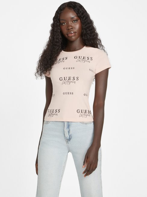 Eco Catae Rhinestone Logo Tee Guess Rose Vapeur
