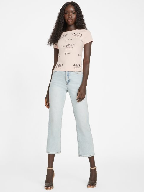Eco Catae Rhinestone Logo Tee Guess Rose Vapeur