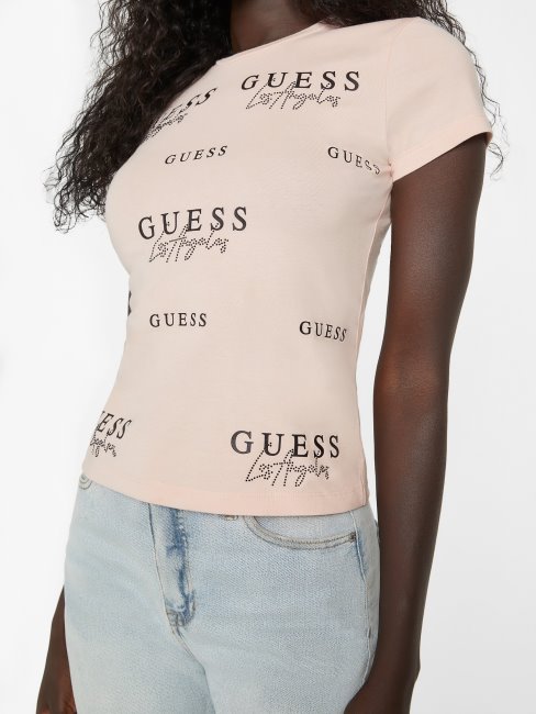 Eco Catae Rhinestone Logo Tee Guess Rose Vapeur
