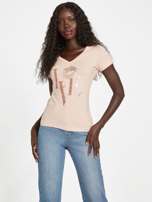 Tee Shirt Guess Eco Cece Love à Col En V Vapor Rose