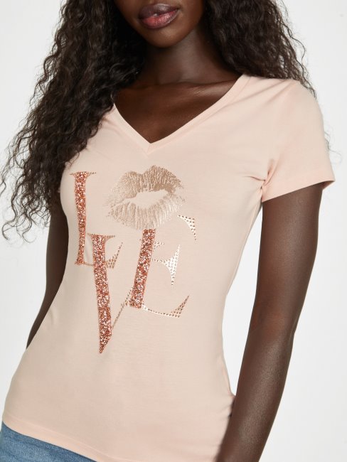 Tee Shirt Guess Eco Cece Love à Col En V Vapor Rose