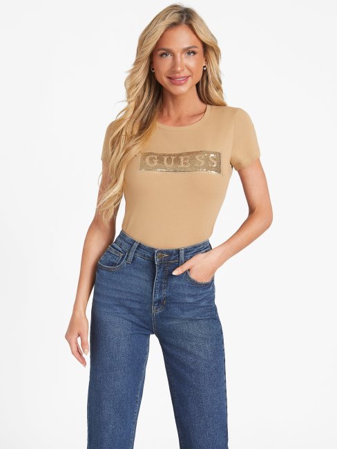 T-shirt à Sequins Et Strass En Acier Guess Taupe Grillé