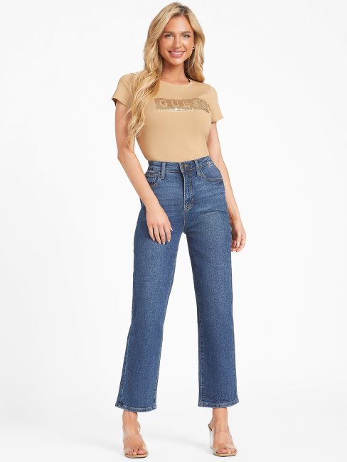 T-shirt à Sequins Et Strass En Acier Guess Taupe Grillé