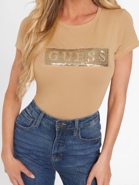 T-shirt à Sequins Et Strass En Acier Guess Taupe Grillé