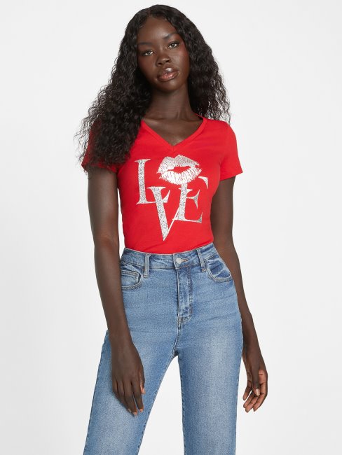 T-shirt à Col En V Guess Rugby Rouge Eco Cece Love