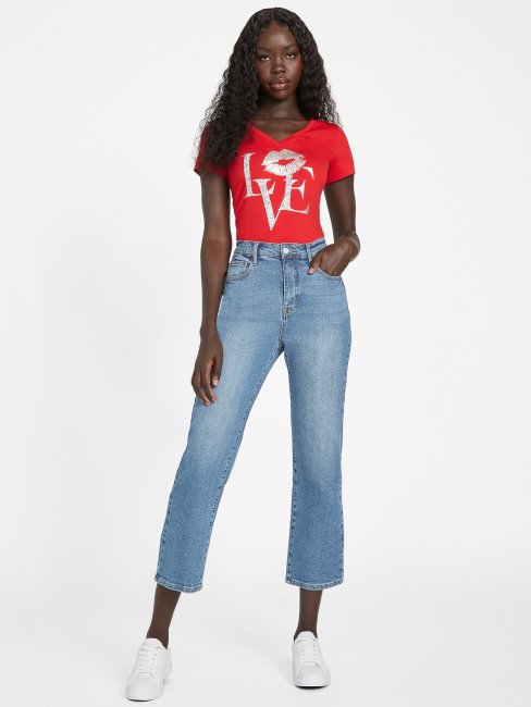 T-shirt à Col En V Guess Rugby Rouge Eco Cece Love