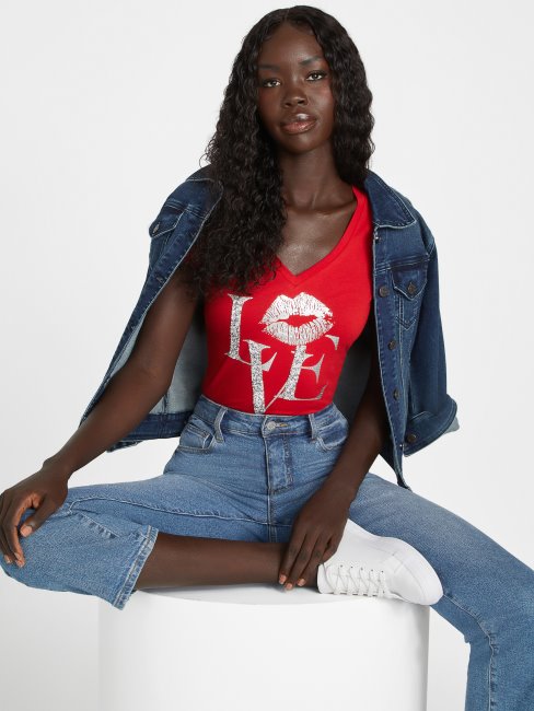 T-shirt à Col En V Guess Rugby Rouge Eco Cece Love