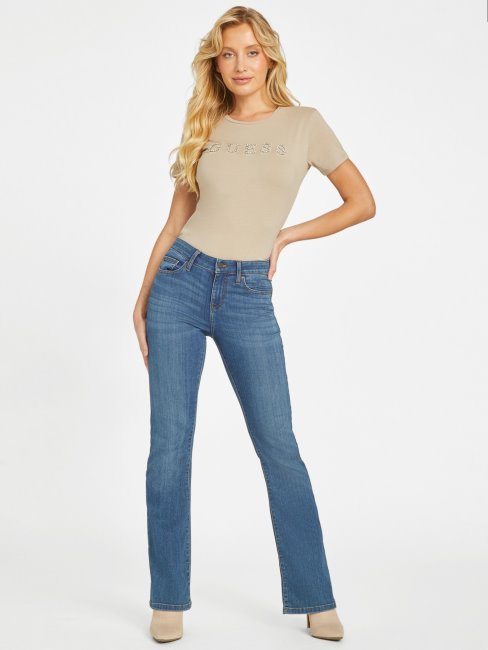 T-shirt Jill Velours Taupe Logo Strass Guess