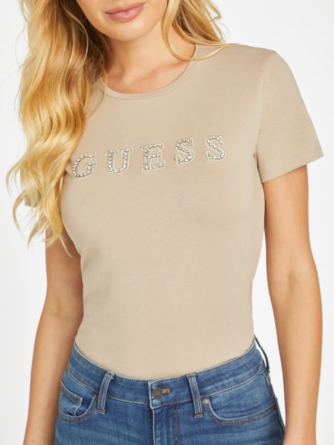 T-shirt Jill Velours Taupe Logo Strass Guess