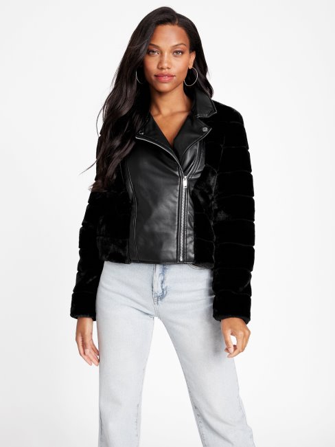 Veste De Moto En Fausse Fourrure Guess Noir Jais Cadia