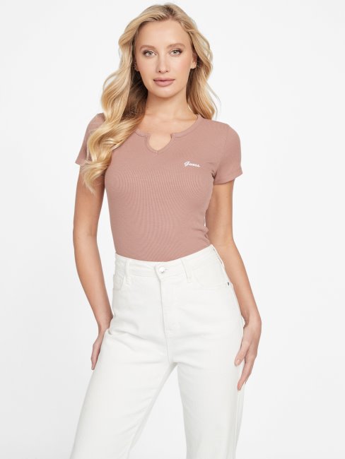 T-shirt à Col En V Cranté Avec Logo Yara Châtaigne Rôtie Guess