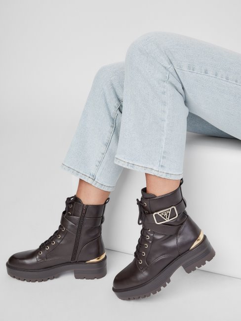 Guess Flat Combat Booties Marron Foncé