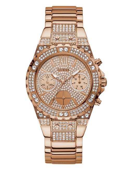 Montre Multifonction Couleur Or Rose Et Strass Multi Guess