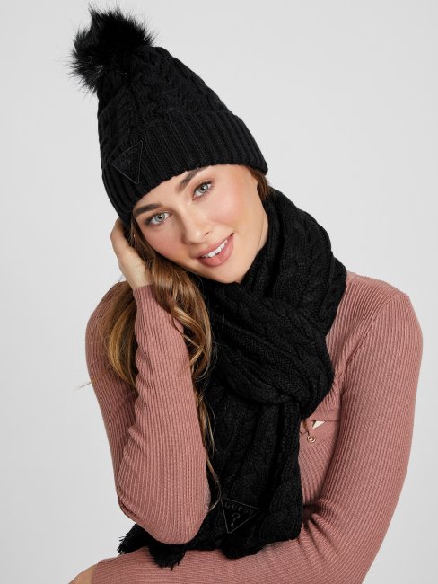 Bonnet Guess Noir à Pompons En Maille Torsadée