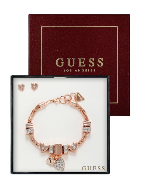Guess Ensemble Bracelet à Breloques En Argent Doré Rose Et Clous D'oreilles