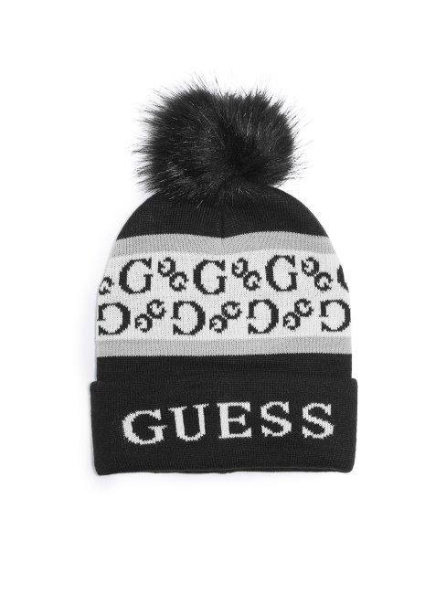 Bonnet à Pompon Rayé Logo Noir Guess