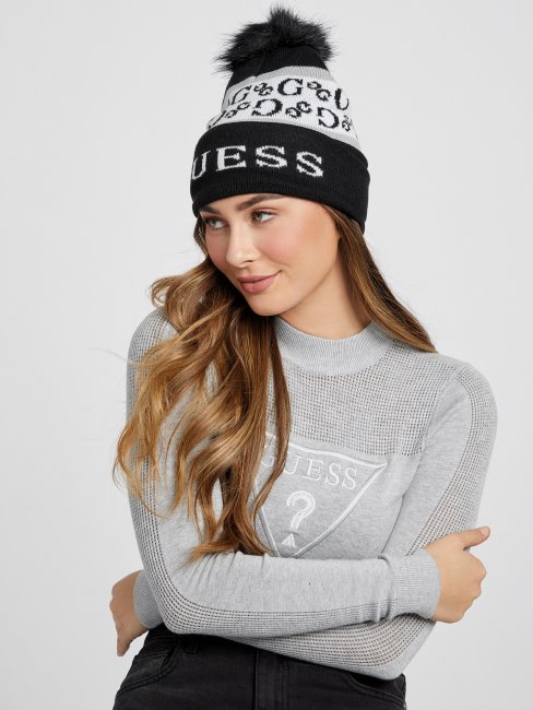 Bonnet à Pompon Rayé Logo Noir Guess