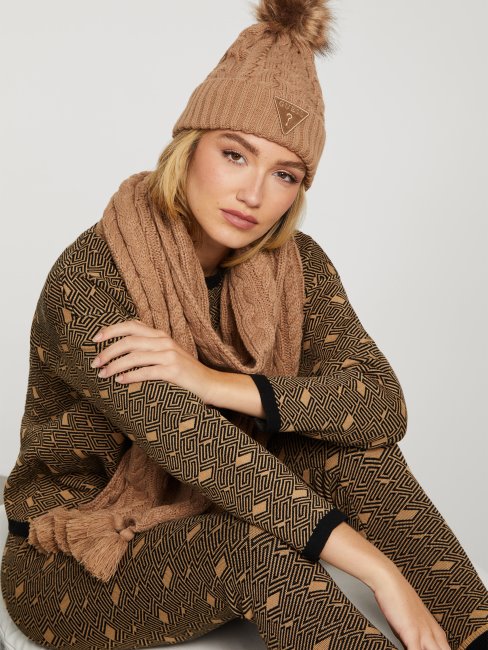 Guess Moka Bonnet à Pompon En Maille Torsadée