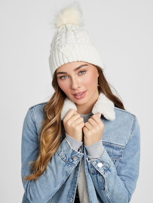 Bonnet Torsadé Pompon Guess Crème