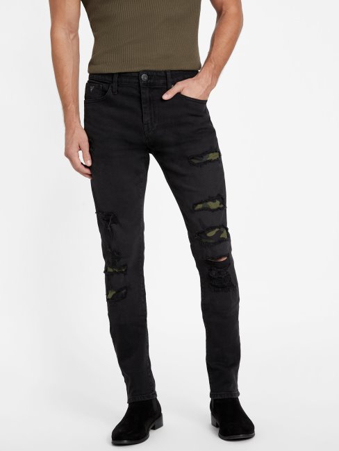 Guess Noir Destroy Eco Draw Jean Skinny Déchiré Et Réparé