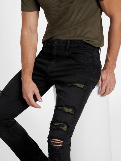 Guess Noir Destroy Eco Draw Jean Skinny Déchiré Et Réparé