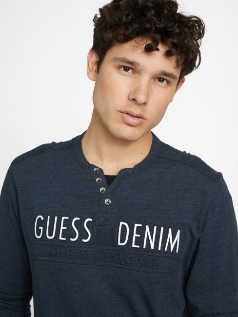 Tee Shirt Guess Edgar Chiné à Manches Longues Officier Bleu Mulit